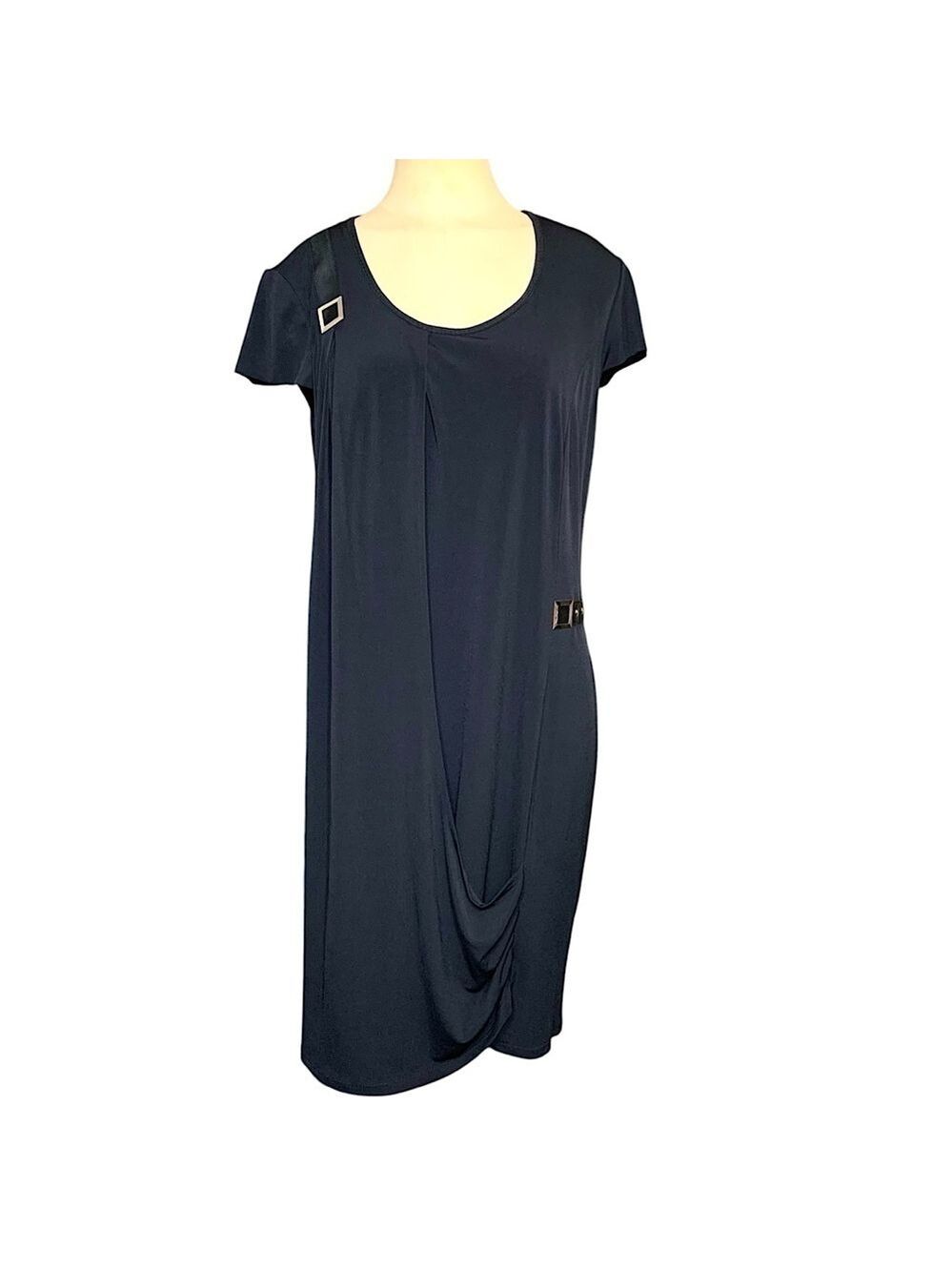 Italian Black Slinky Midi Dress Short Sleeve Sz 48 L Modern Lagenlook Minimalist